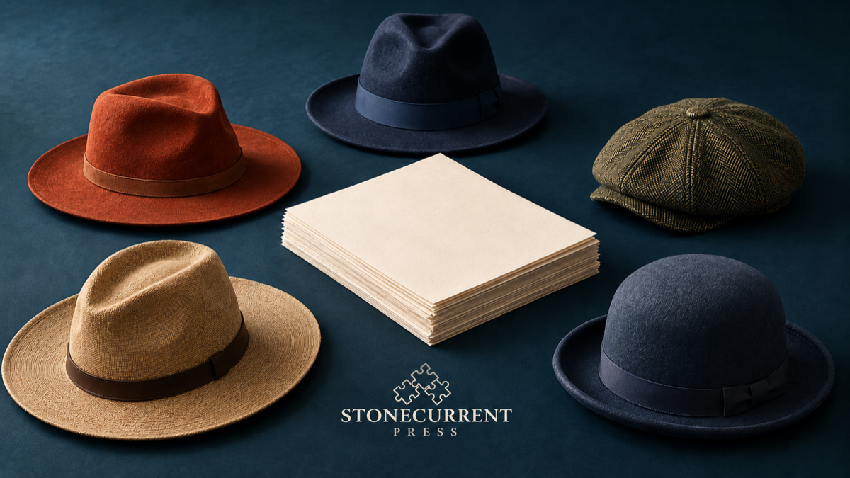 Five hats arranged around a manuscript, representing five publishing perspectives